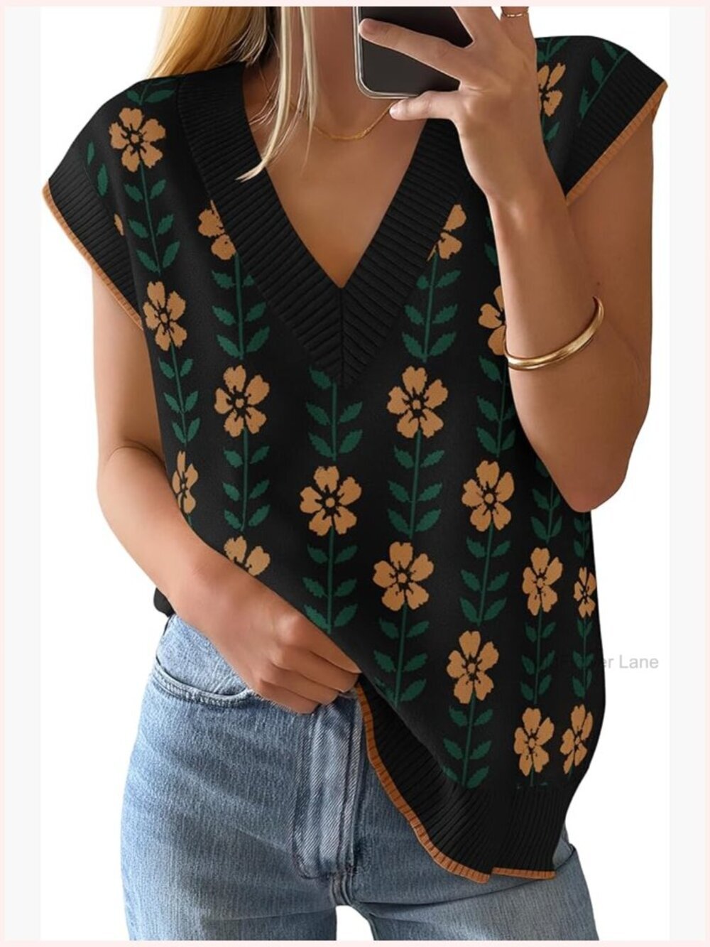 Floral V Neck Sweater Vest Oversized Sleeveless Knit Tank Top